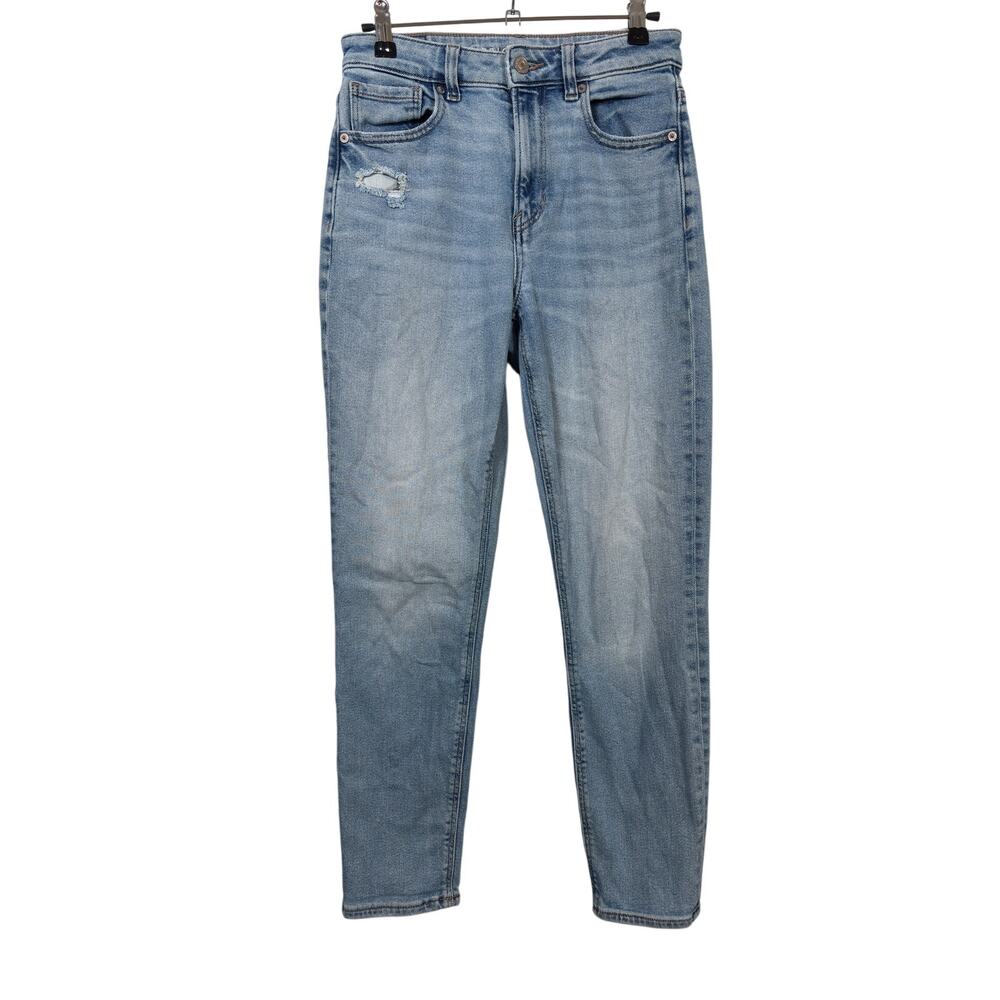American Eagle Mom Jeans Womens 2 Blue High Rise Distressed Stretch